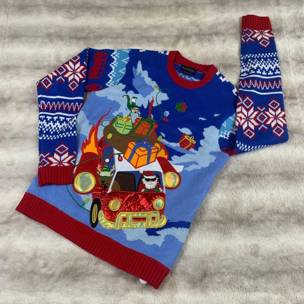 Blizzard Bay Mens Light Up Ugly‎ Christmas Sweater Santa Elf Car Blue Small